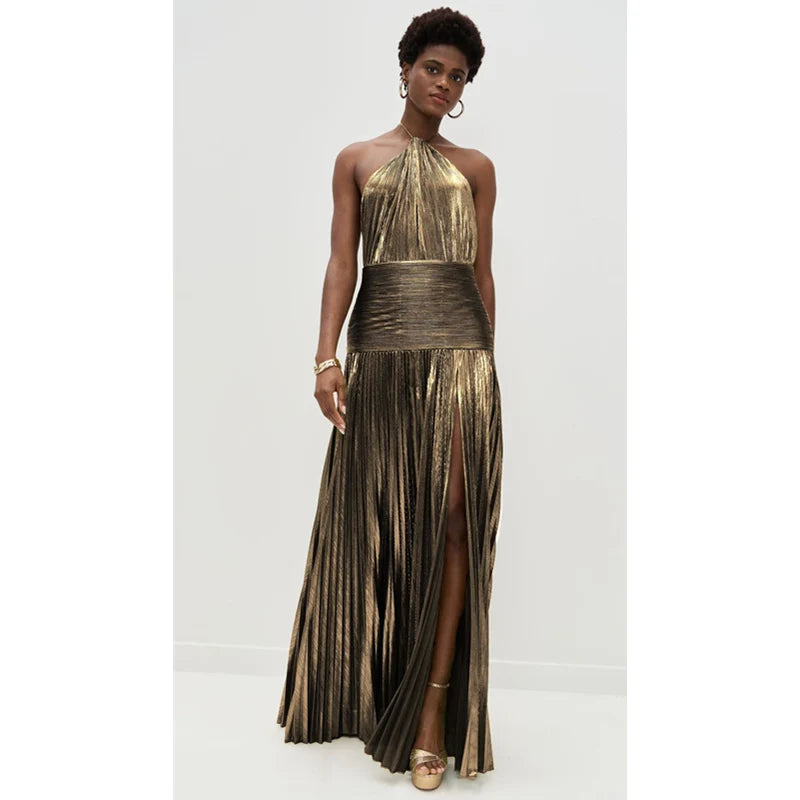 Gold Halter Neck Evening Gown with High Slit – Formal Party Dress