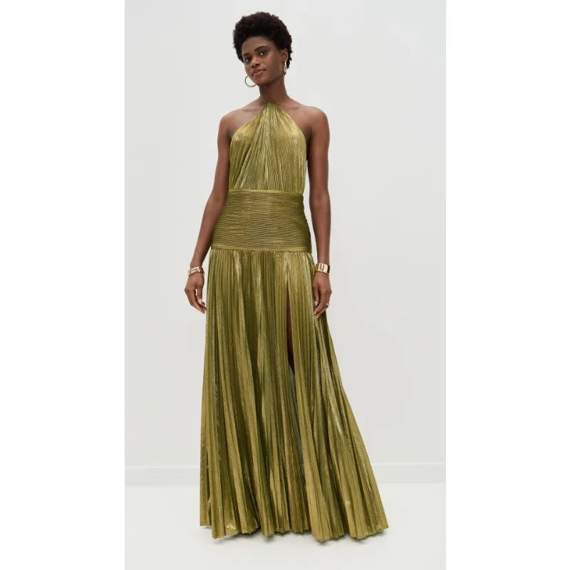Gold Halter Neck Evening Gown with High Slit – Formal Party Dress