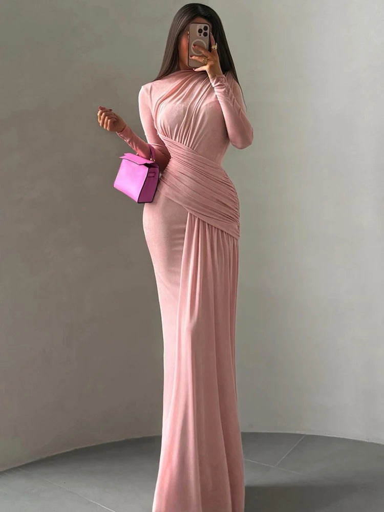 Elegant Pink Long Sleeve Evening Dress for Women”