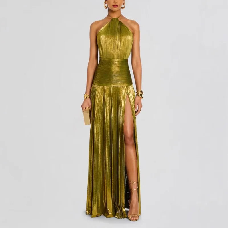 Gold Halter Neck Evening Gown with High Slit – Formal Party Dress