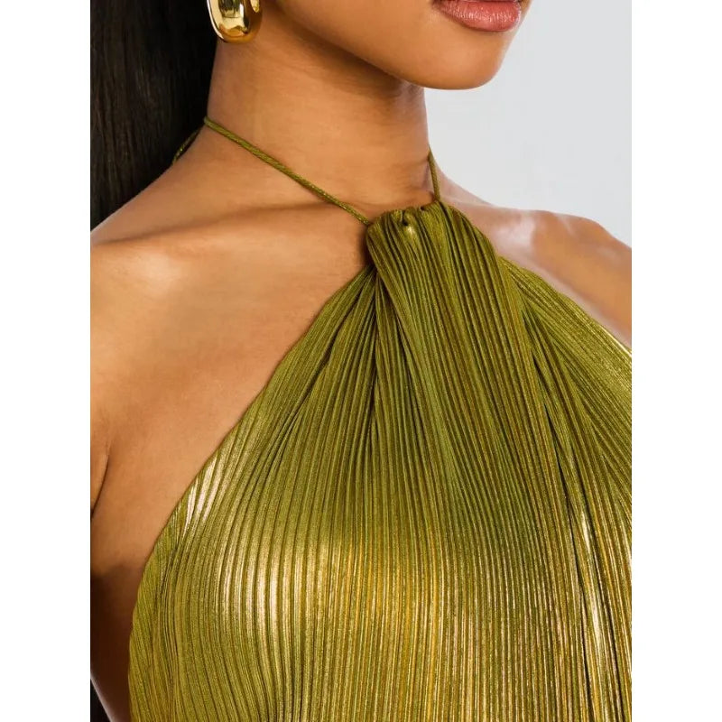 Gold Halter Neck Evening Gown with High Slit – Formal Party Dress
