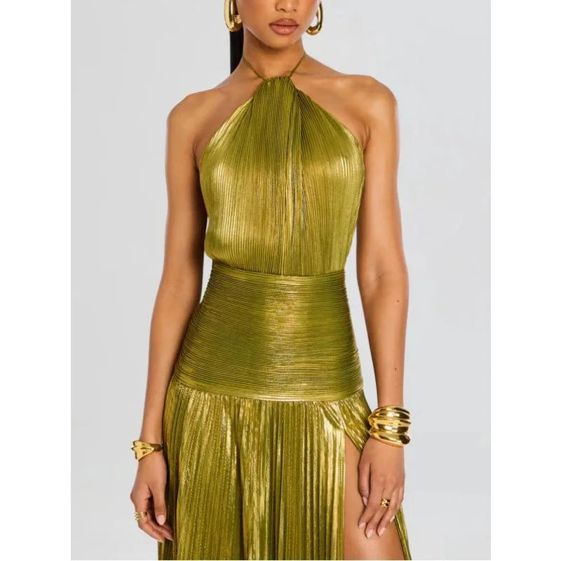 Gold Halter Neck Evening Gown with High Slit – Formal Party Dress