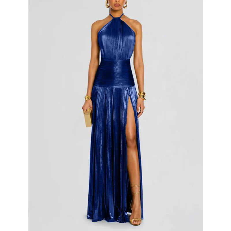 Gold Halter Neck Evening Gown with High Slit – Formal Party Dress