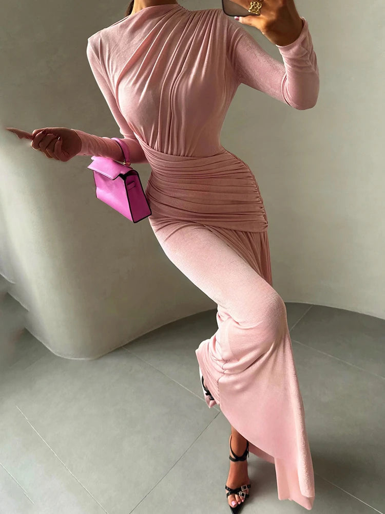 Elegant Pink Long Sleeve Evening Dress for Women”