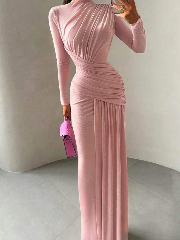 Elegant Pink Long Sleeve Evening Dress for Women”