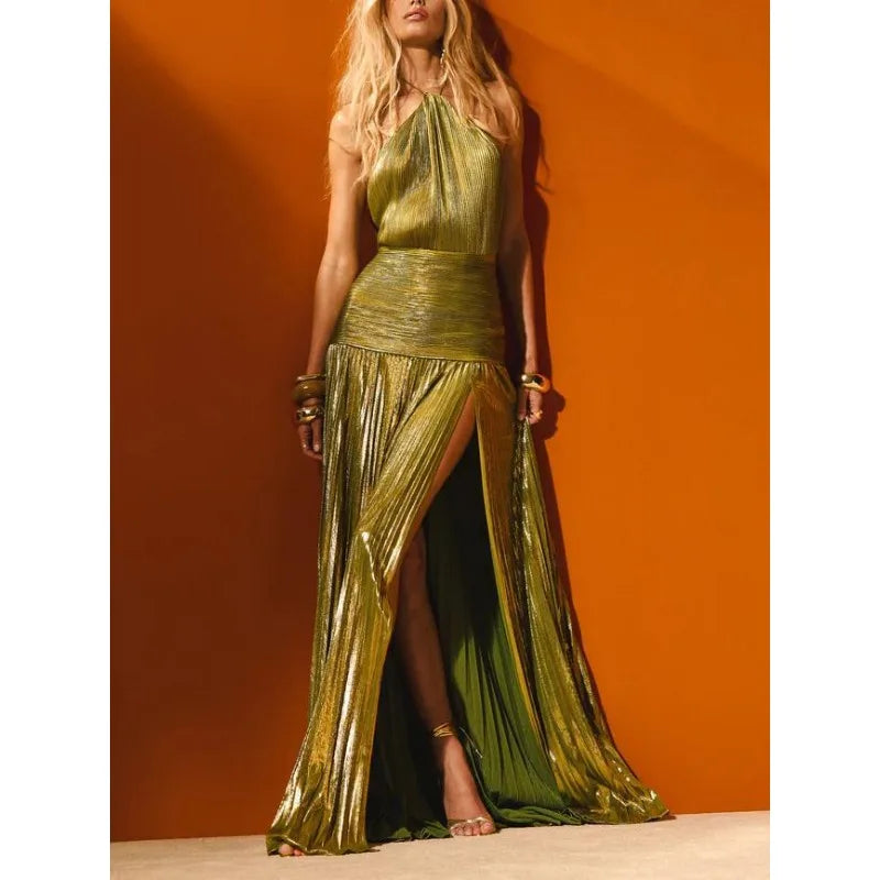Gold Halter Neck Evening Gown with High Slit – Formal Party Dress