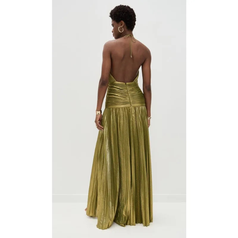 Gold Halter Neck Evening Gown with High Slit – Formal Party Dress